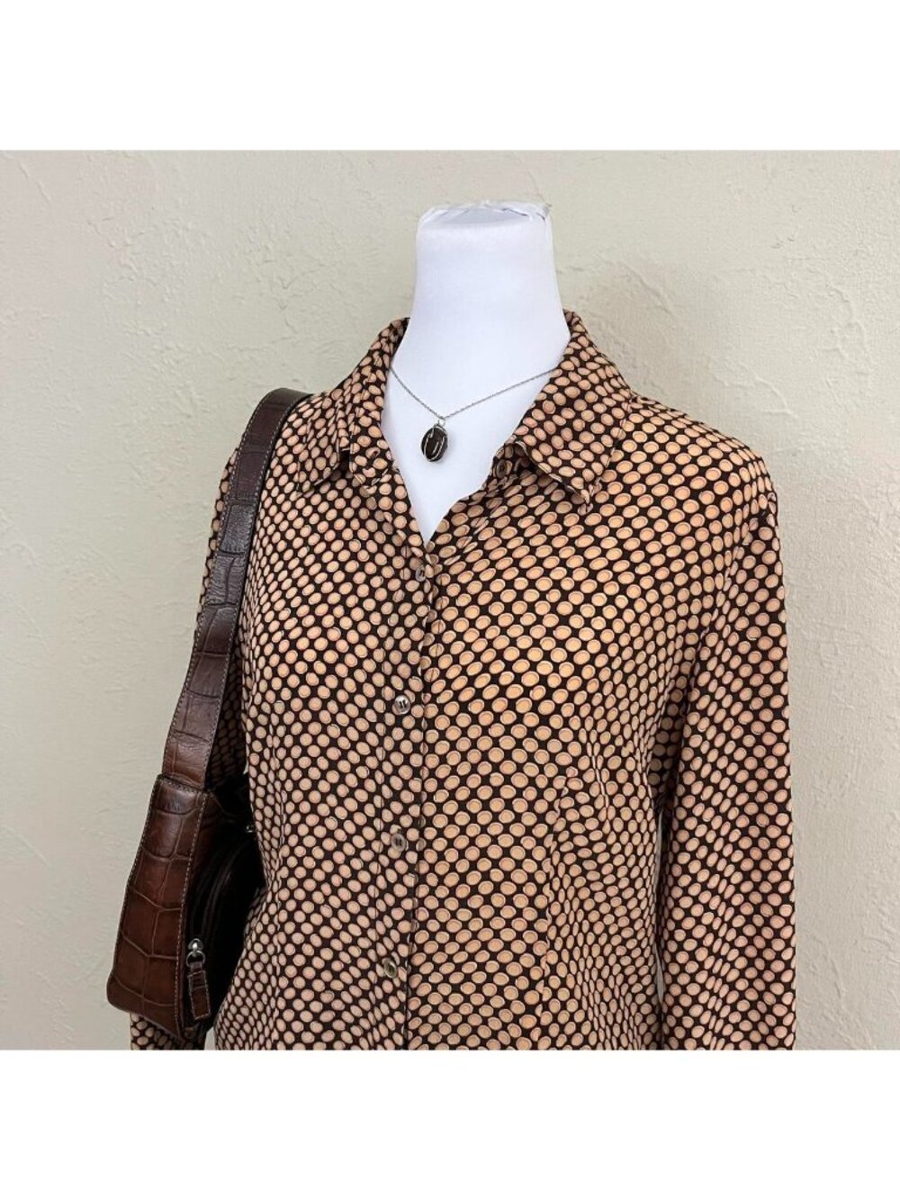 90s brown polka dot silk quirky boho whimsical button up shirt - Picture 2 of 8